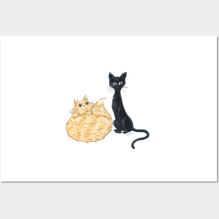 cartoon black and orange kitty sisters Posters and Art